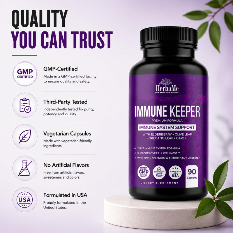 HerbaMe Immune Support Supplement with Elderberry, Quercetin & Zinc | 15-in-1 Formula with Vitamin C, Selenium, Olive Leaf, Garlic for Daily Health, Wellness & Antioxidant Support, 90 Capsules