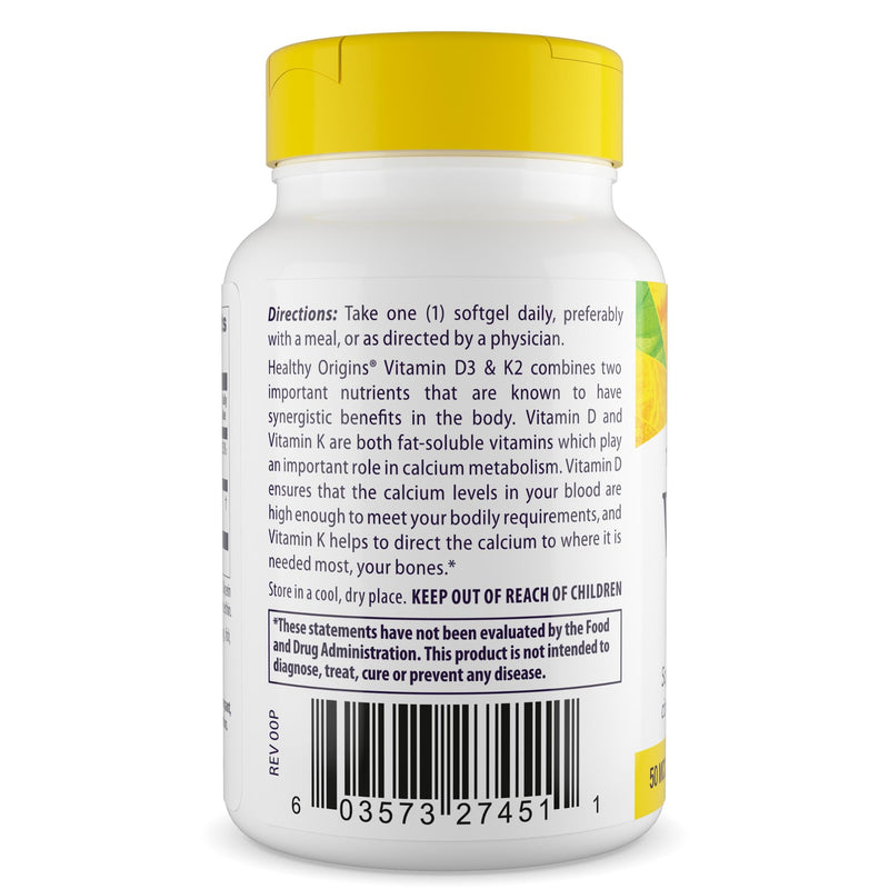 Healthy Origins Vitamin D3 2,000 IU & K2 200 mcg, 60 Softgels Unflavored 60 Count (Pack of 1)