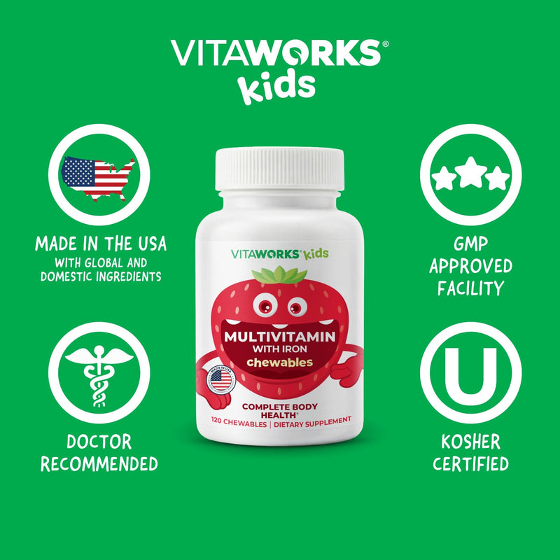 Kids Multivitamin with Iron & Minerals Chewable Tablets - Mixed Fruit Flavor - Vegetarian, GMO-Free, Nut Free - Dietary Supplement - Digestive Support for Children - 120 Chewables 120 Count (Pack of 1)