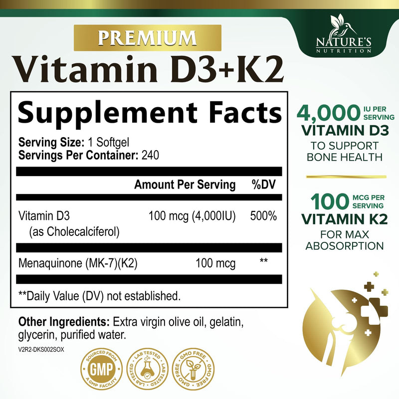 Vitamin D3 4000 IU 100mcg Per Serving - Extra Strength Vitamins D K2 2-in-1 for Bone, Heart, & Muscle Support - Immune Support & Calcium Absorption with Olive Oil - Non-GMO USA Bottled - 240 Softgels 240 Count (Pack of 1)