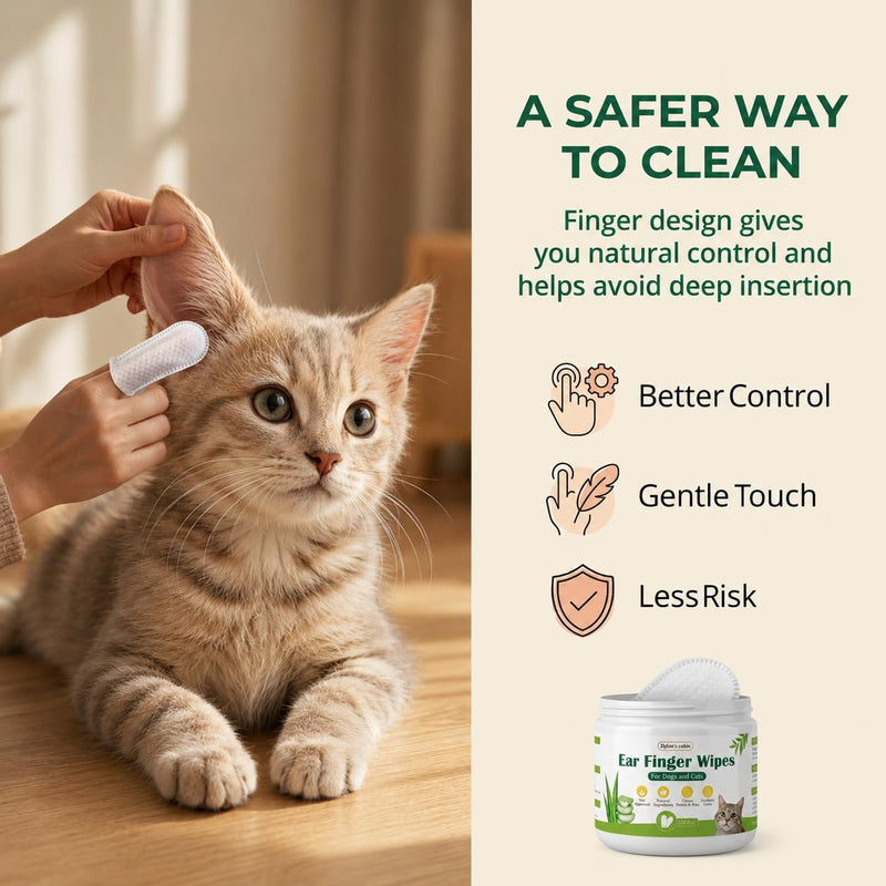 Dylan's cabin Cat Ear Wipes - 150 Count Finger Wipes for Dogs Cats, Pet Ear Cleaning Remove Wax Dirt Debris, Odor Gentle Alcohol Free Daily Ear Care pet ear finger wipes