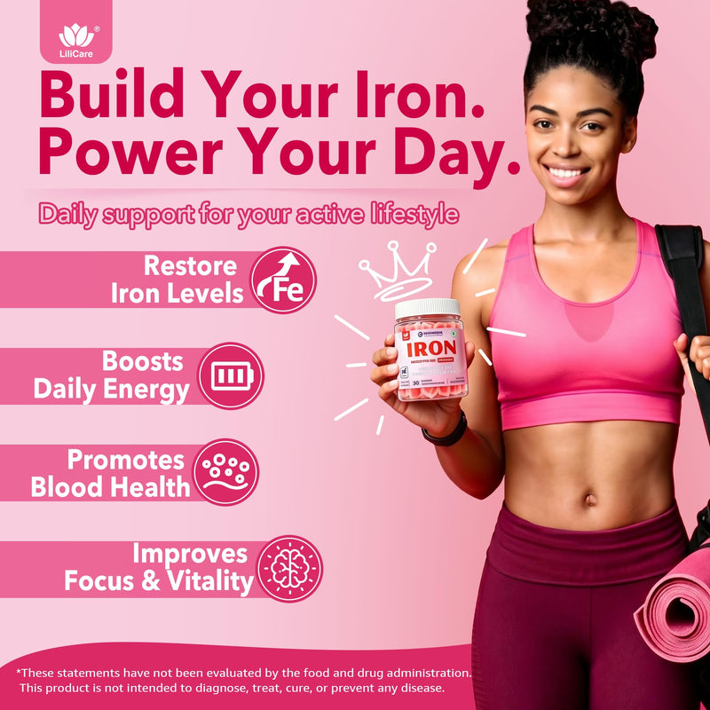 Iron Gummies for Women 25mg Plus Vitamin C, Beet Root, Vitamin B12, Folate for Iron Deficiency, Anemia, Energy Boost, Sugar Free Iron Supplement, Non-Constipating, No After Taste, 60 Cts 60 Count (Pack of 1)