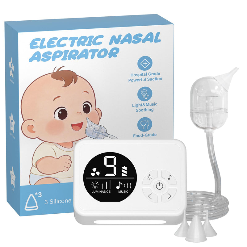Nasal Aspirator for Baby, Nose Sucker with 9 Suction Levels, Electric Snot Sucker, 3 Levels Night Light & Nursery Rhyme Soothing Function, Food-Grade Silicone Tips White