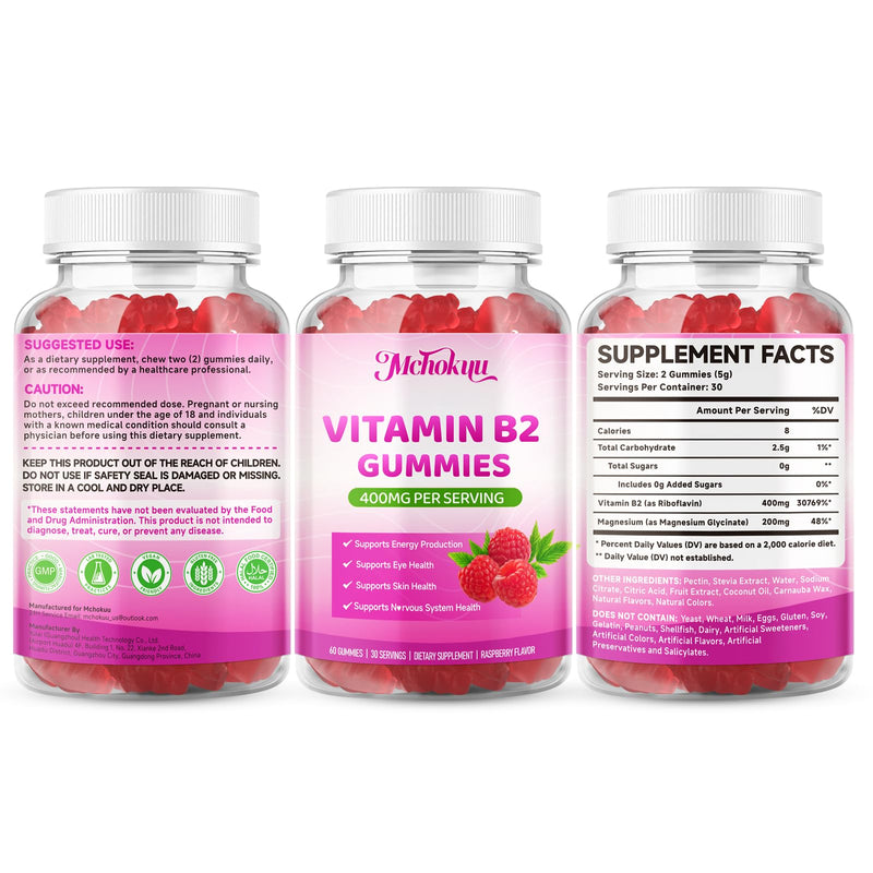 Vitamin B2 Gummies 400mg – Riboflavin Supplement with Magnesium for Kids & Adults | Supports Nervous System & Energy Production | Sugar Free, Vegan, Non-GMO, Raspberry Flavor - 60 Count 60 Count (Pack of 1)