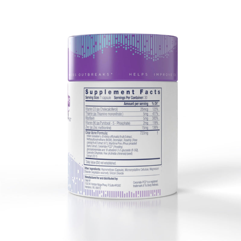 Clear Skin Supplement | Skin Barrier Hydration & Clear Complexion Support with Vegan Ceramides, Zinc, Vitamin D3, B6, Riboflavin & Thiamine | Vegan Capsules | 30-Day Supply
