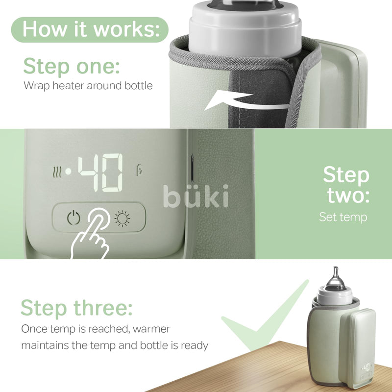 Büki Portable Bottle Warmer for Breastmilk or Baby Formula - Fast Heating + Leak-Proof + Adjustable Travel Warmer with Battery-Powered Temperature Display, Flashlight - 6000MAH Rechargeable Battery - BeesActive Australia