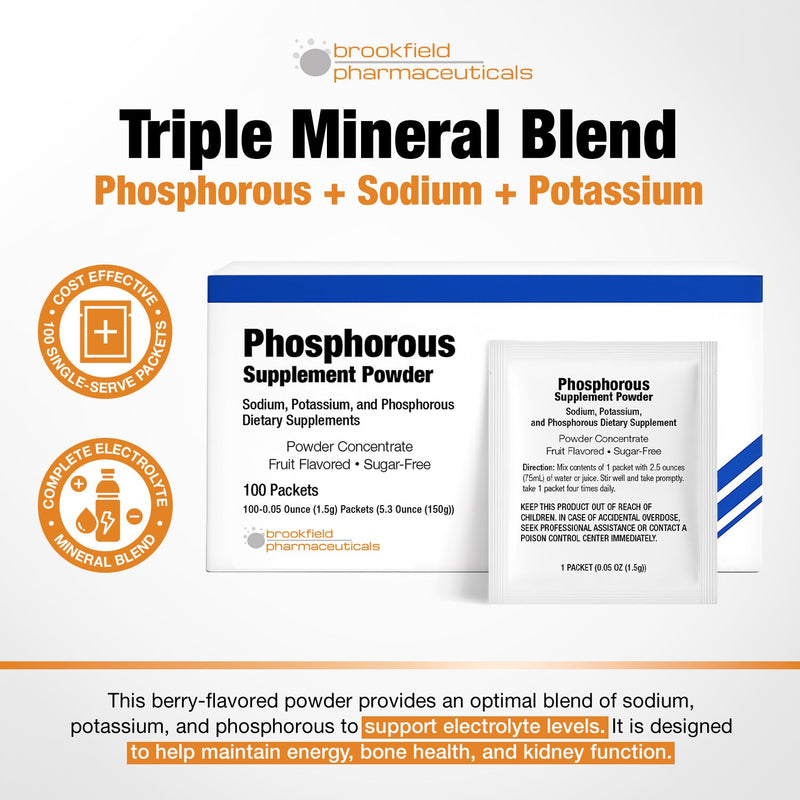 Phosphorus Supplements 100 Packets, Dietary Supplements Powder with Sodium Phosphate and Potassium Phosphate, Fruit Flavored Phosphorous Supplement Powder for Electrolyte, Bone Health & Kidney Health