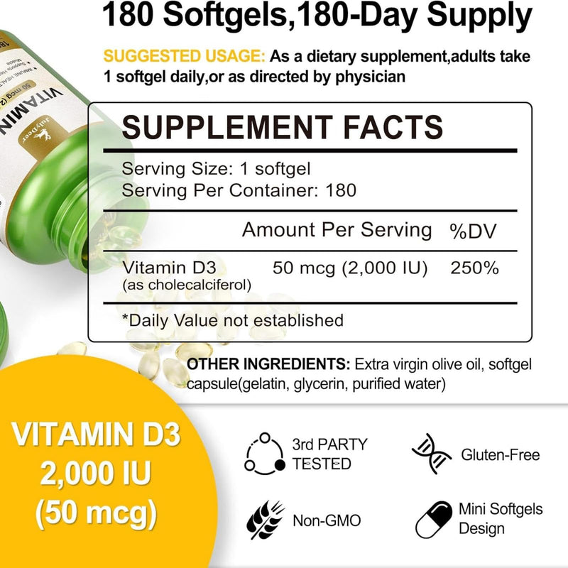 Vitamin D3 2000 IU (50 mcg) Supplement With Olive Oil, 180 Softgels | Supports Bone & Immune Health and Calcium Absorption | 180-Day Supply | Non-GMO, Gluten-Free & Soy-Free | 1 Daily 180 Count (Pack of 1)