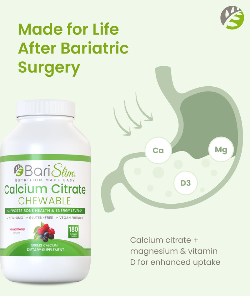 BariSlim Bariatric Calcium Citrate with Magnesium Citrate & Vitamin D Chewable Tabs - 500mg Calcium Citrate - Formulated for Post Weight Loss Surgery - Supports Bone Health | Mixed Berry | 180 Tabs