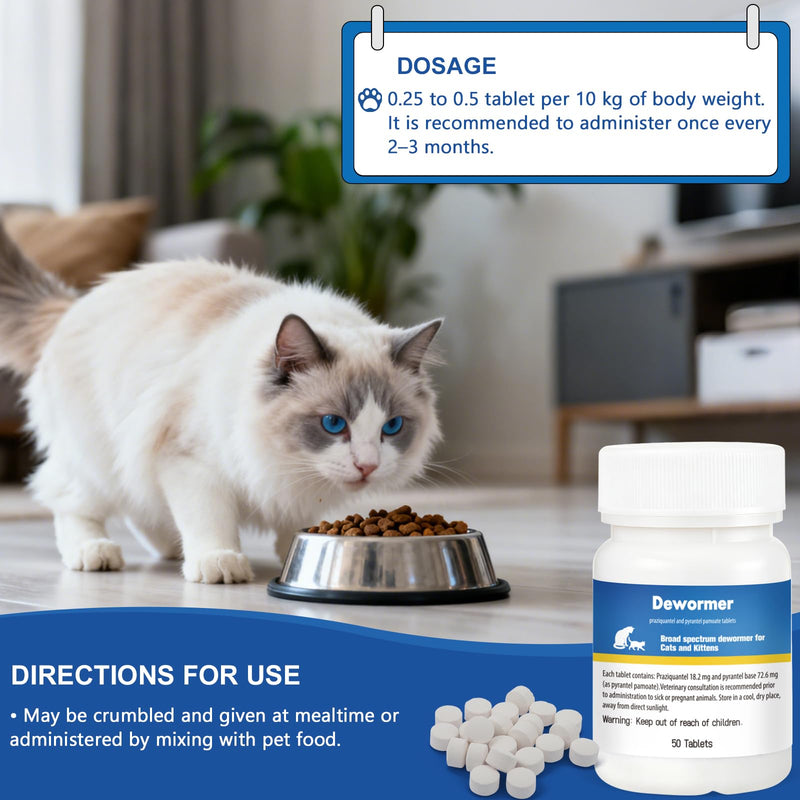 Cats & Kittens Broad-Spectrum Dewormer, 50 Tablets, for Tapeworms, Hookworms & Roundworms