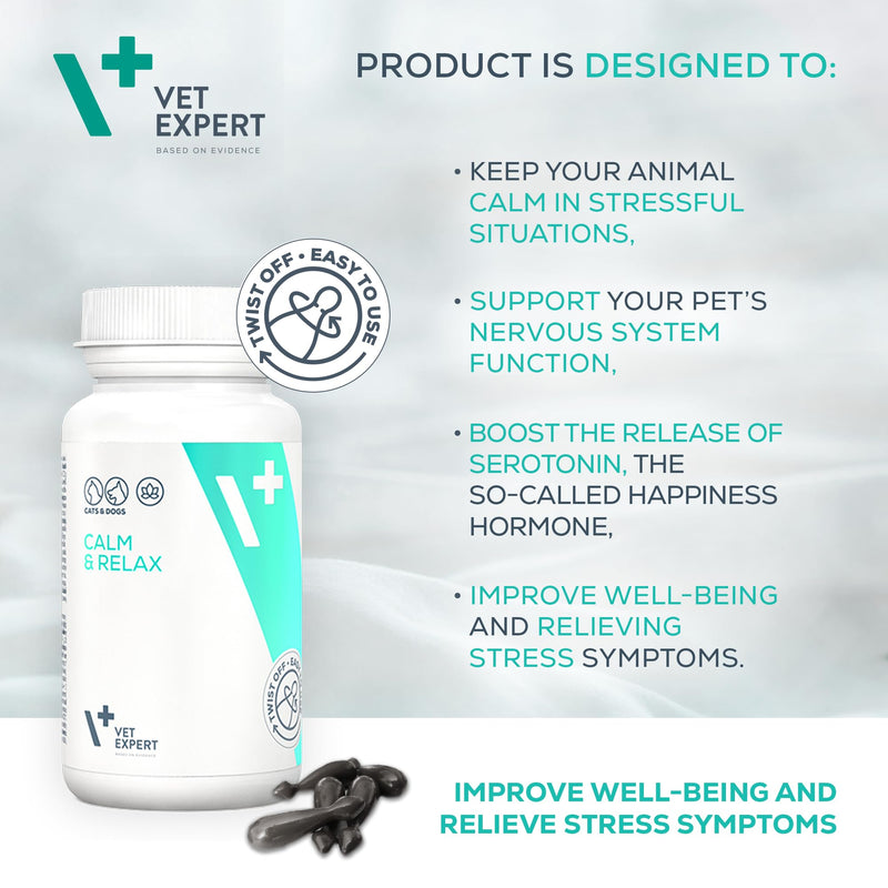 Vet Expert Calm & Relax Supplement for Dogs and Cats – Reduces Stress and Anxiety with Tryptophan, Valerian Extract, Taurine, and Green Tea Leaf Extract – 30 Twist-Off Capsules