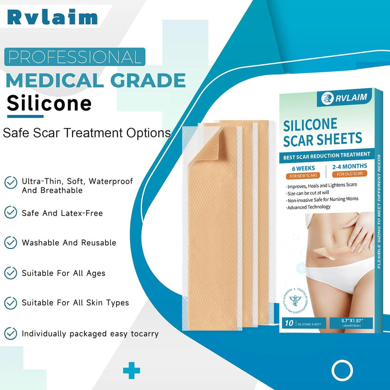 Rvlaim Medical Grade Silicone Scar Sheets (5.7" x 1.57"10 Pcs), Professional Silicone Scar Tape for Surgical C-Section, Keloid, Burn & Acne Scars - Reusable, Waterproof, Stickiness Upgrade 10 Pcs(5.7" x 1.57" ) - BeesActive Australia