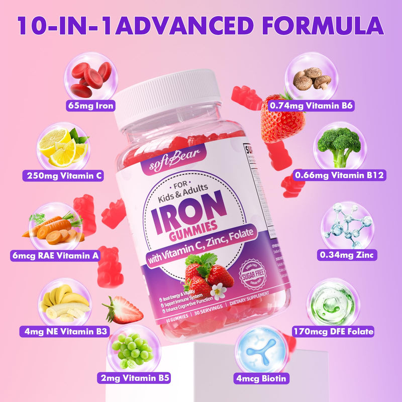 softbear Iron Gummies for Women & Men & Kids, Chewable Iron Supplements with Vitamin C,B3,B5,B6,B12 Supports Immune System, Energy & Vitality, Sugar-Free/Vegan, Strawberry Flavor 120 Count 60 Count (Pack of 2)