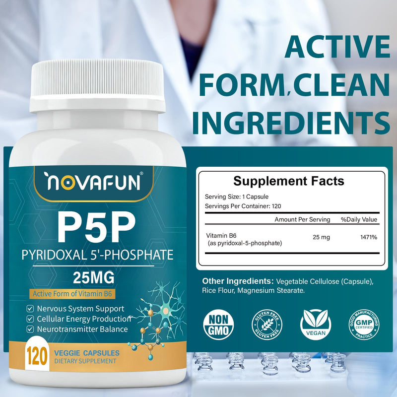 P5P Vitamin B6 25mg Supplement, Pyridoxal-5-Phosphate, 120 Capsules | Active Vitamin B6 Coenzyme Formula Supports Nervous System, Neurotransmitter Balance, Cellular Energy & Daily Wellness