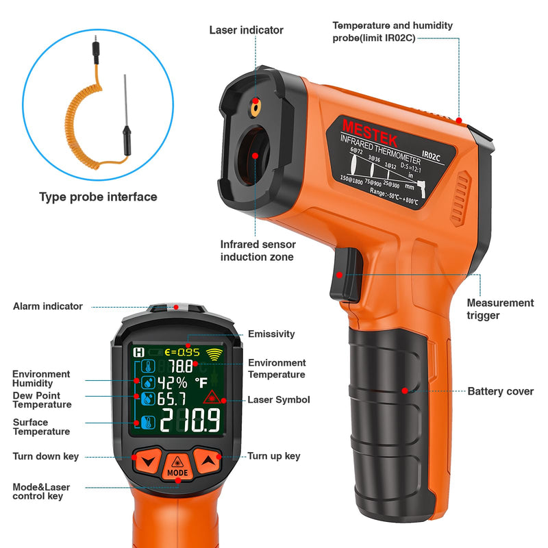 Infrared Thermometer Gun, Non Contact Digital Laser Thermometer Temperature Gun with Color LCD for Cooking, Home Repairs, Humidity Measurement, Adjustable Emissivity -58°F to 1472°F(-50~800°C) Orange -58℉~1472℉(-50℃~800℃)