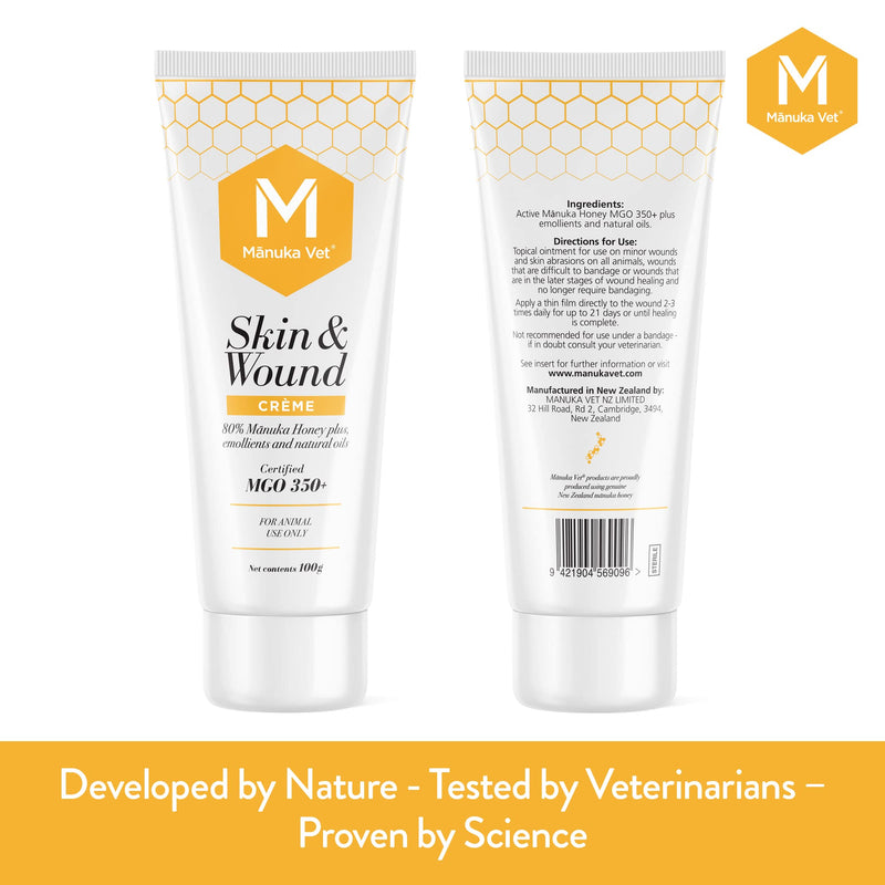 Manuka Vet Skin & Wound Crème, 350+ MGO Medical Grade Manuka Honey, Rapid Healing & Skin Repair Treatment for Dogs, Horses and Other Animals, 3.53oz (100g) Tube - BeesActive Australia