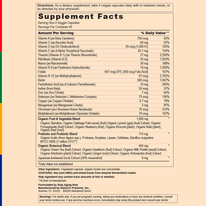 Stop Aging Now - Multi360 - Multivitamin Supplement with Fruits and Veggies - Folate, Zinc, Vitamin C, & B-12 - for Adults Women & Men - 180 Veggie Capules