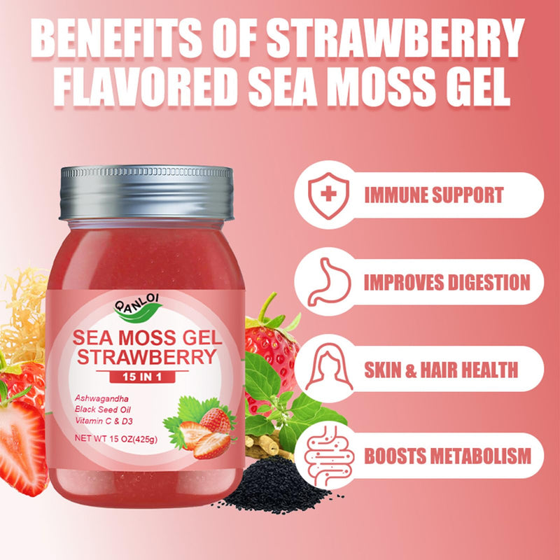 15OZ Strawberry Flavored Sea Moss Gel, 15-in-1 Seamoss Gel, Sugar Free | Rich in Ashwagandha, Vitamins and Minerals, Vegan 15 Ounce (Pack of 1)
