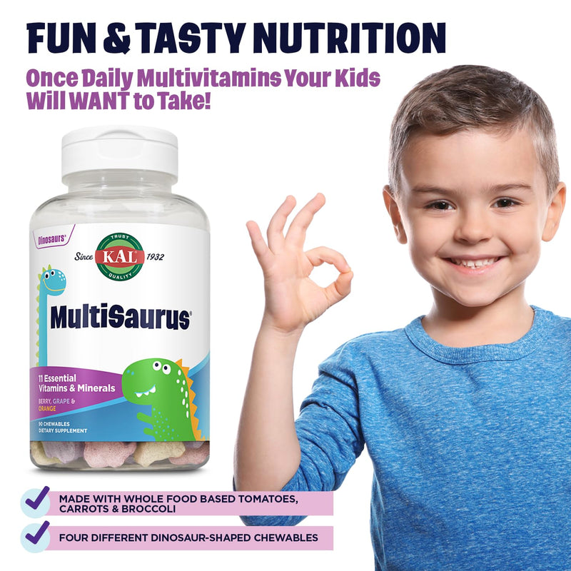 KAL MultiSaurus Kids Chewable Multivitamins, 11 Essential Vitamins and Minerals for Kids, Berry, Grape, Orange Chewables, Gluten and Fructose Free, 90 Servings, 90 Dinosaur-Shaped Chewables | Mixed Berry Dinosaur Chewables, Daily Multivitamin for Child...