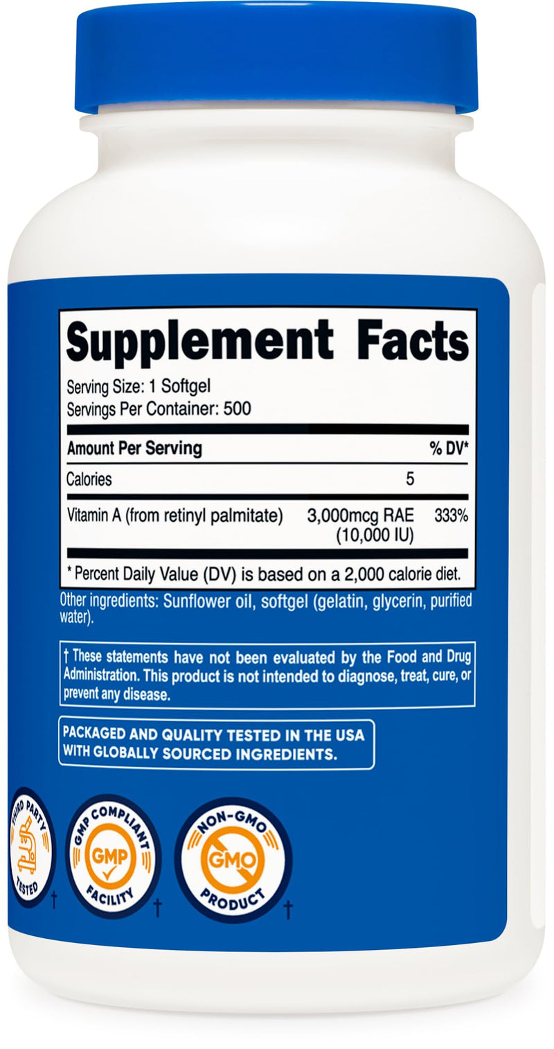 Nutricost Vitamin A 10,000 IU, 500 Softgel Capsules 500 Count (Pack of 1) - BeesActive Australia