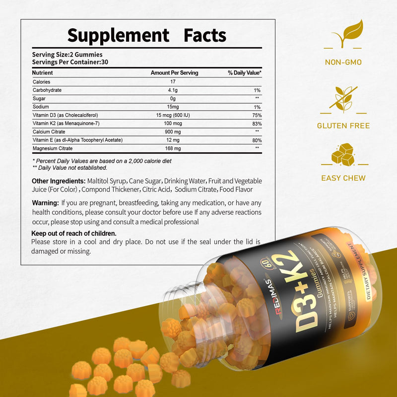 Vitamin D3 K2 Gummies, Vegan Orange Flavor, 60 Count (30 Servings) | Calcium and Magnesium Supplement with Multi-Vitamin Complex, Bone & Immune Wellness, Daily Nutrient Intake for Women and Men