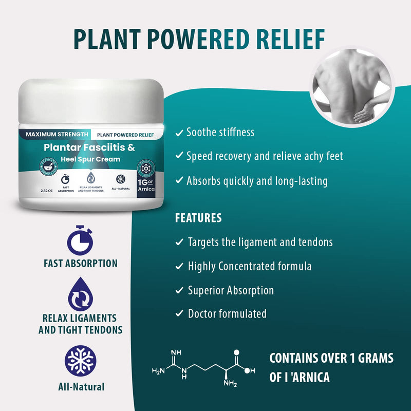 Plantar Fasciitis And Heel Spur Cream By PMT - Cream For Foot Relief. High Concentration of Arnica; Vitamin B6, MSM, Glucosamine - To Soothe and Relieve - 2.82 OZ