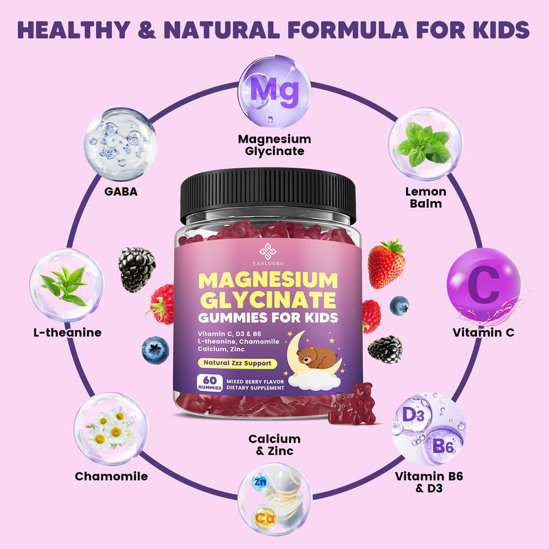 Kids Magnesium Gummies, Magnesium Glycinate Gummies 400mg/200mg with L-Theanine, Chamomile, Vitamin B6, D3 for Kids, Relaxation & Zzz Support, Nerve Bone - Sugar Free Mixed Berry Flavor 60ct 60 Count (Pack of 1)