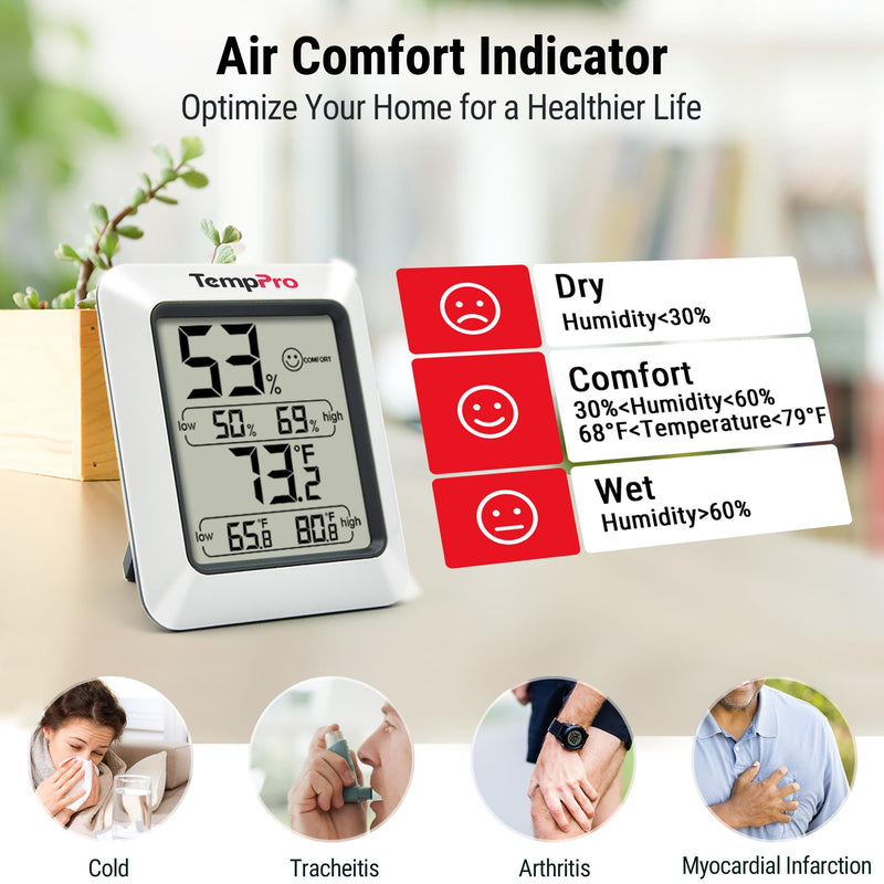 TempPro TP50 3 Pieces Digital Hygrometer Indoor Thermometer Room Thermometer and Humidity Gauge with Temperature Humidity Monitor (Previously ThermoPro) White