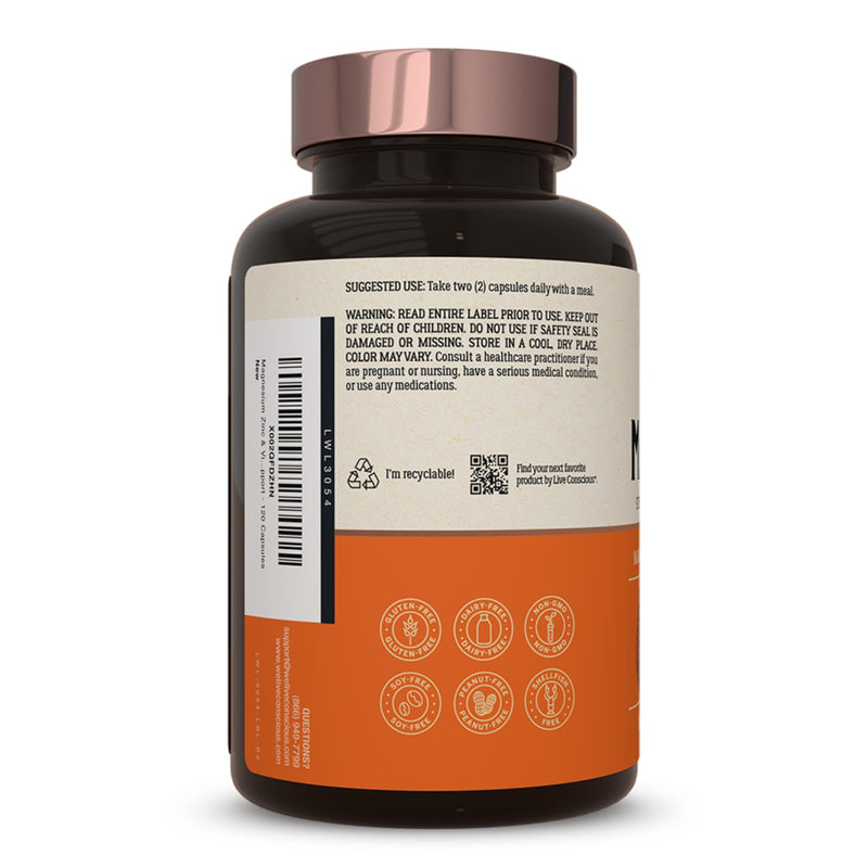Live Conscious Magnesium Zinc & Vitamin D3 - Bioavailable Forms of Magnesium - Malate, Glycinate, Citrate - MagWell Bone & Heart Health, Immune System Support - 120 Capsules (2-Pack) 120 Count (Pack of 2)