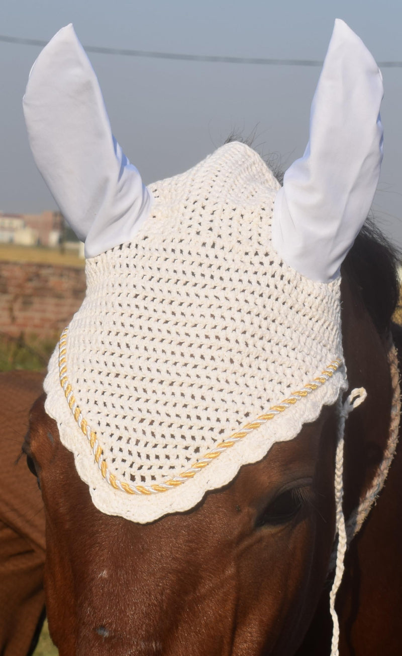Horse Ear Bonnet Ear Net Hat Fly Bonnet Hood Mask Fly Veil Full Hand Made Cotton (Pony, White) Pony - BeesActive Australia