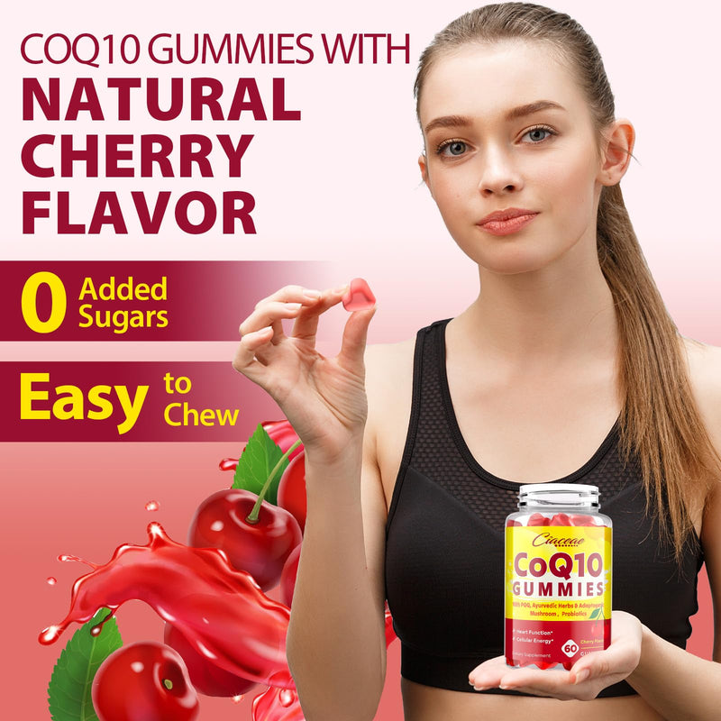 CoQ10 Gummies with PQQ - 400 MG Coenzyme Q10 High Potency, Enhanced with Ayurvedic Herbs, Adaptogenic Mushroom Blend & Probiotics for Heart, Brain, Energy, Immunity, Cherry Flavor, 120 Vegan Gummies 60 Count (Pack of 2)