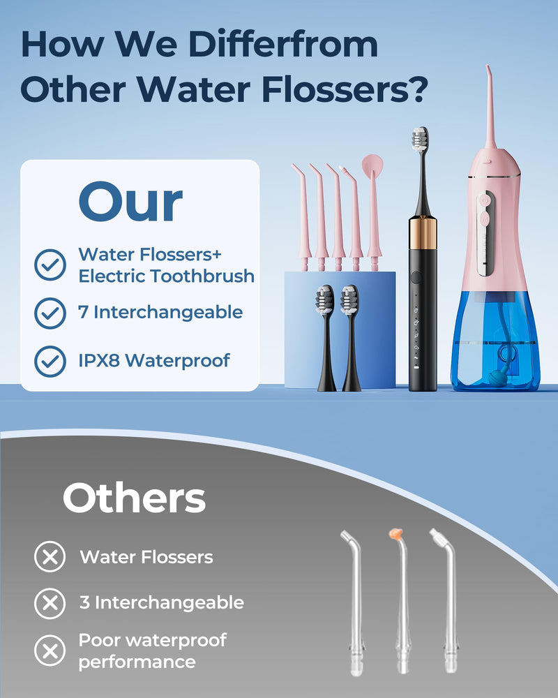 Electric Toothbrush Water Flosser Adults, Sonic Electric Toothbrush and Electric Floss for Adults and Kids, Water Dental Picks, Cleaning and Flossing Dental Care, Waterproof Pink-1