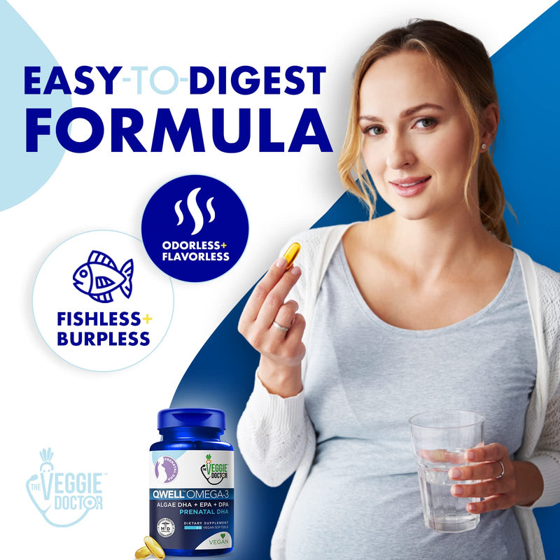 Vegan Prenatal Vitamins with DHA (60 Count) Omega-3 - Qwell Better Than Fish Oil, Brain Function - 820 Mg Algae DHA & EPA, Vegan Prenatal Vitamins with Vitamin E, Carrageenan-Free 60 Count (Pack of 1)
