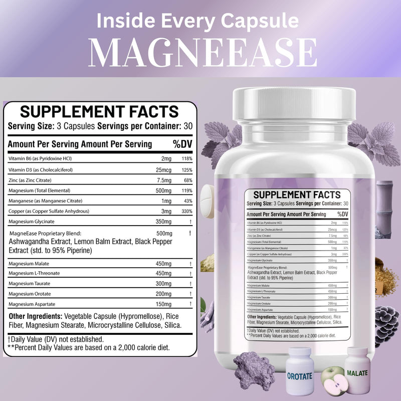 Magnesium Complex with Magnesium Glycinate Malate, L-Threonate, Taurate, Orotate, Zinc,Aspartate, Copper Manganese & Vitamin D3 B6 Complex - 1Pack