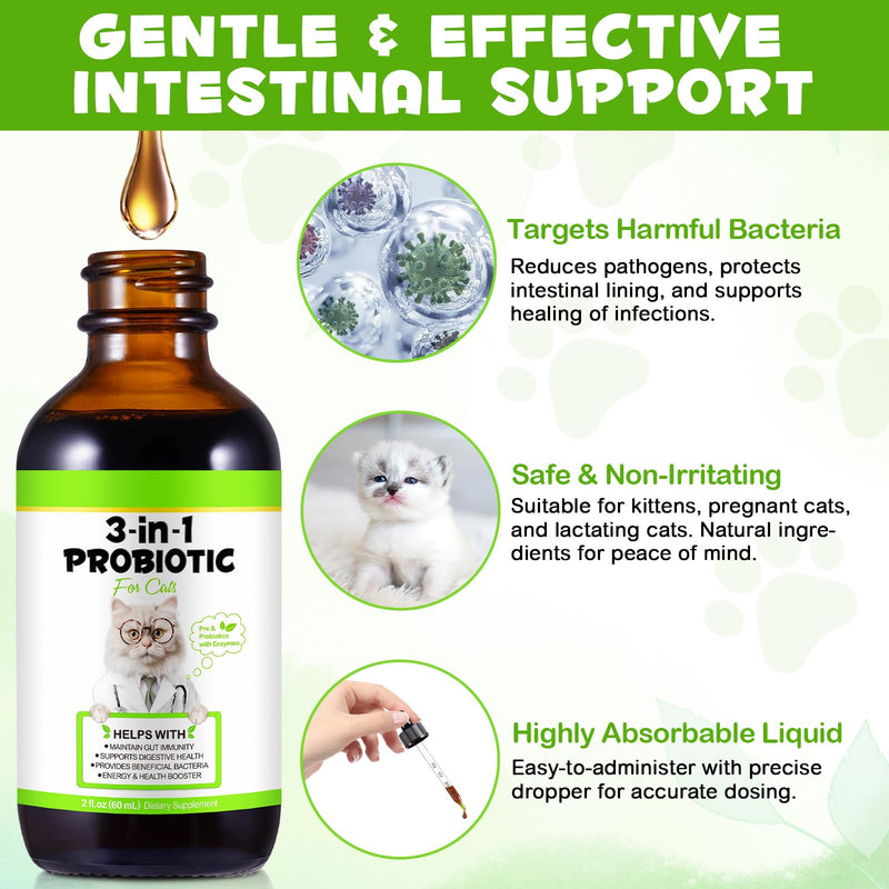 Probiotics for Cats, 3-in-1 Cat Supplement with Prebiotics & Enzymes for Digestive Support and Gut Health, Suitable for All Breeds & Ages