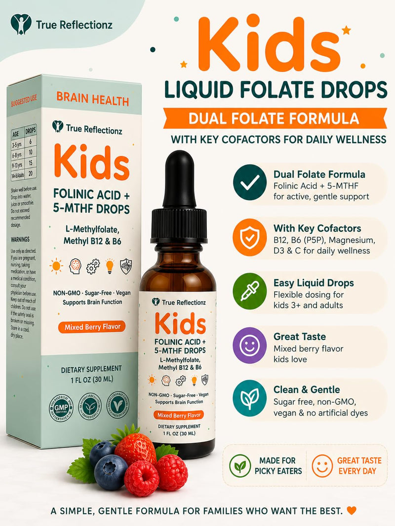 Folinic Acid Drops Kids 800 mcg + L-Methylfolate + B12 +P5P B6 Gentle Methylation Great Taste, Magnesium Glycinate, Vitamin D3 & C Folate Support for Brain,Focus, Mood & Cellular Health 5-MTHF Drops