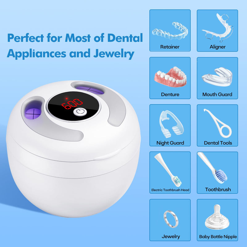 Upgraded Ultrasonic Retainer Cleaner Machine, 45kHz Ultrasonic Dentures Cleaner for Night Guards, Braces, Aligner, Toothbrush, Jewelry and More, 200ML Capacity, White A-White