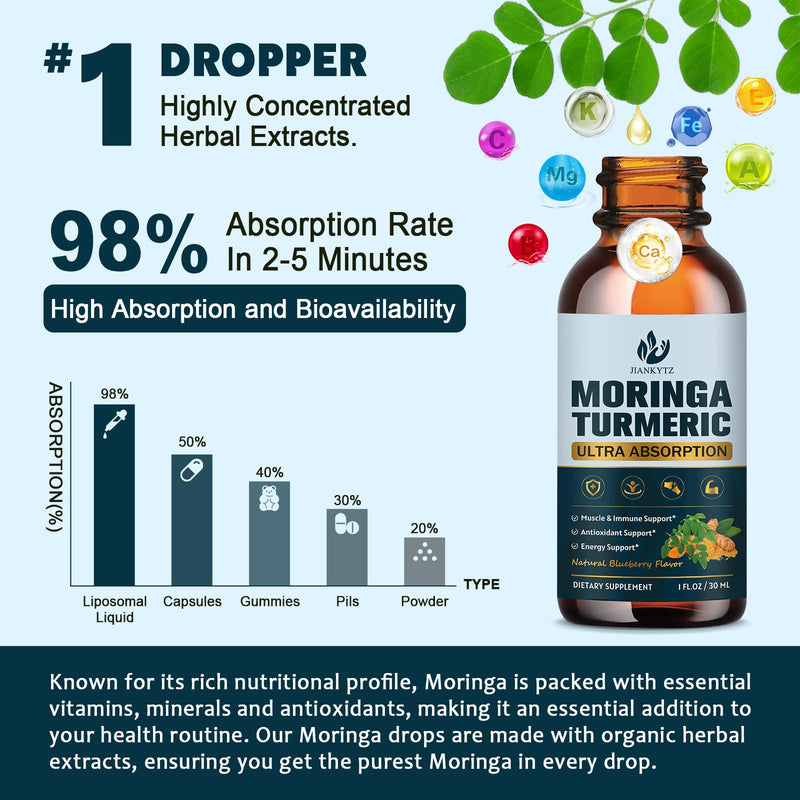 (4 Pack) Organic Moringa Leaf Extract Liquid Drops for Women and Men - Energy, Antioxidant, Skin, Immune Support, Pure Moringa Leaf Extract with Turmeric, Boswellia, Vegan, Sugar-Free, 1 Fl Oz 1 Fl Oz (Pack of 4)