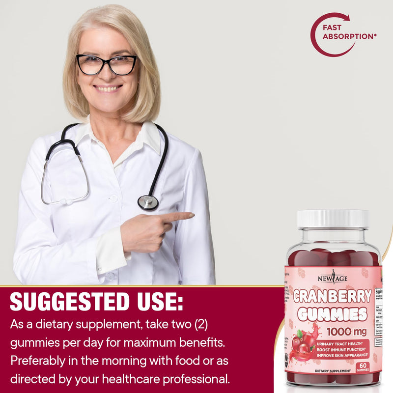 NEW AGE Cranberry Gummies Urinary Tract Health Gummies 1000mg - Supports Bladder, Kidney, UTI - Vegetarian (Cranberry 180 Gummies) 3