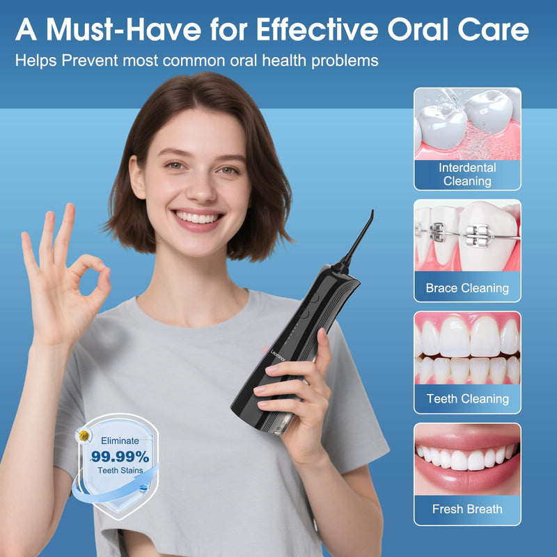 Leominor Water Dental Flosser - 5 Modes Cordless Portable Oral Irrigator, IPX7 Waterproof, Rechargeable Teeth Cleaner Upgrade Datchable Tank Professional Flossing Cleaning Pick for Home Travel (Black) 230ml Black
