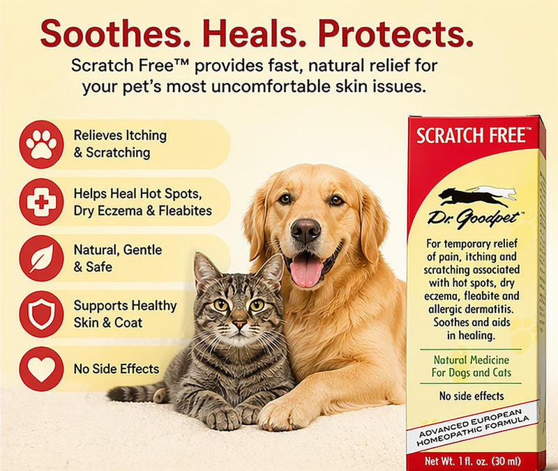 Dr. Goodpet Scratch Free for Dogs & Cats – Natural Itch Relief Drops for Hot Spots, Allergies, Flea Bites & Dry Skin – Helps Stop Scratching & Skin Irritation – 1 oz Liquid