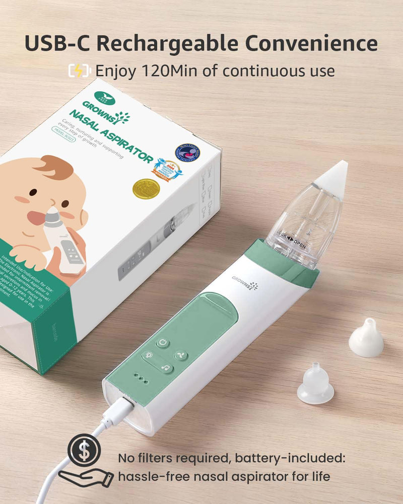 GROWNSY Nasal Aspirator for Baby, Electric Nose Aspirator for Toddler, Baby Nose Sucker, Automatic Nose Cleaner with 3 Silicone Tips, Adjustable Suctions, Music and Light Soothing Function (Green) Green