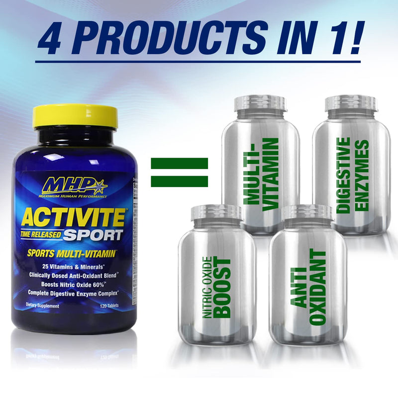 MHP Activite Sport Perfomance Multi Vitamin for Athletes, 120 Tablets | Sport Multivitamin with 25 Vitamins & Minerals,Spectra Antioxidant & Nitric Oxide Booster, Digestive Enzymes| 120 Tablets
