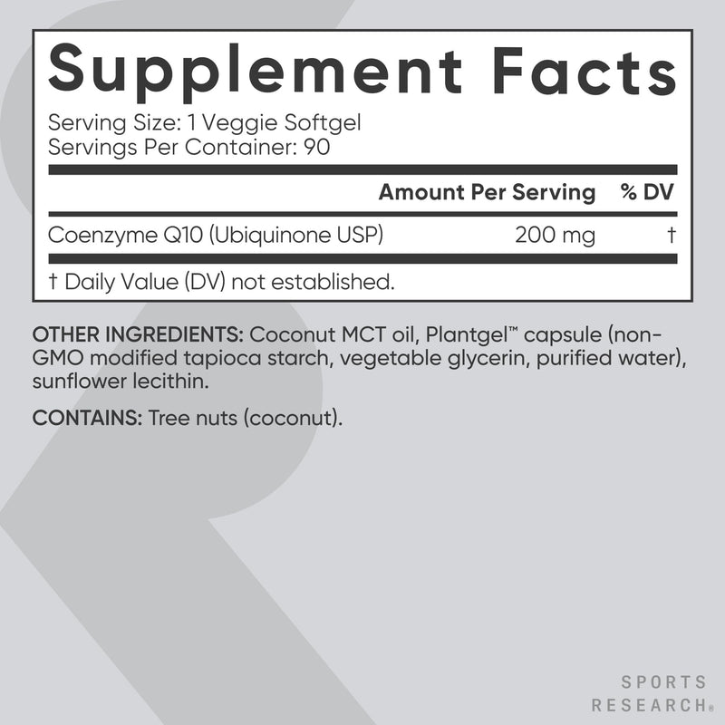 Sports Research® CoQ10 200mg, 90 Count Plantgels™ | Formulated w/Coconut Oil for Better Absorption · Supports Cardiovascular Function* · Vegan Certified, Non-GMO, Gluten-Free 90 Count (Pack of 1)