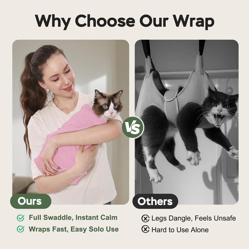 Cat Wrap for Cutting Nails, Self-Adhesive Cat Nail Clipping Restraint Bag, Anti-Scratch Cat Grooming Wrap Swaddle for Meds, SubQ Fluids, Ear Cleaning, Teeth Brushing & Vet Visits,Pink,L L(15-28lbs) Pink