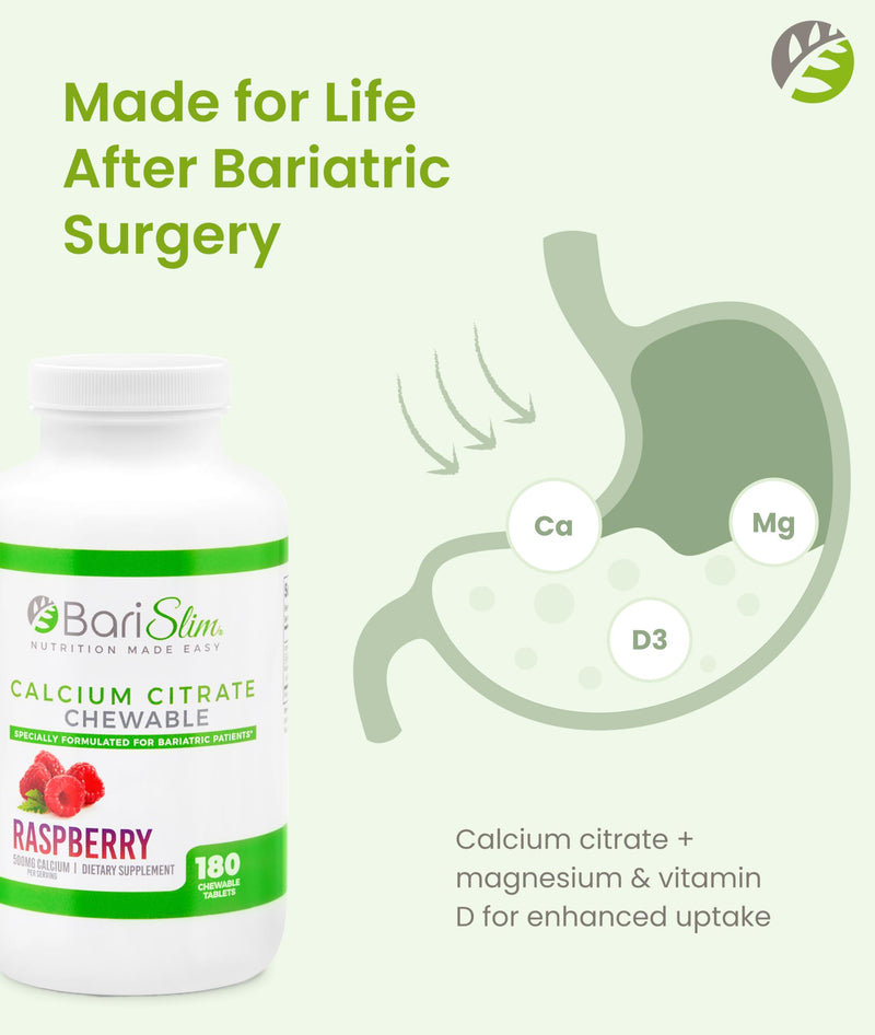BariSlim Bariatric Calcium Citrate with Magnesium Citrate & Vitamin D Chewable Tabs - 500mg Calcium Citrate - Formulated for Post Weight Loss Surgery - Supports Bone Health | Raspberry | 180 Tabs