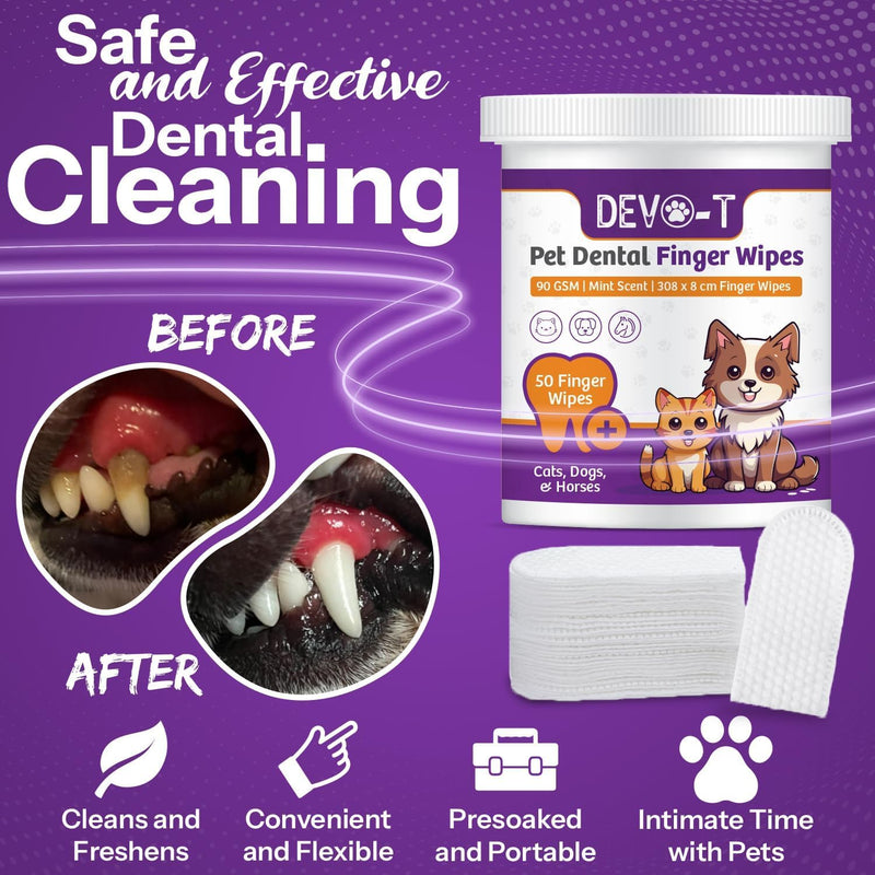 DEVO-T 100% Natural Dog Teeth Cleaning Wipes | Pet Teeth Cleaning Finger Wipes for Dogs, Cats & Horses | Remove Bad Breath, Plaque & Tartar Buildup | Scented & Unscented Bundle | 100 Counts