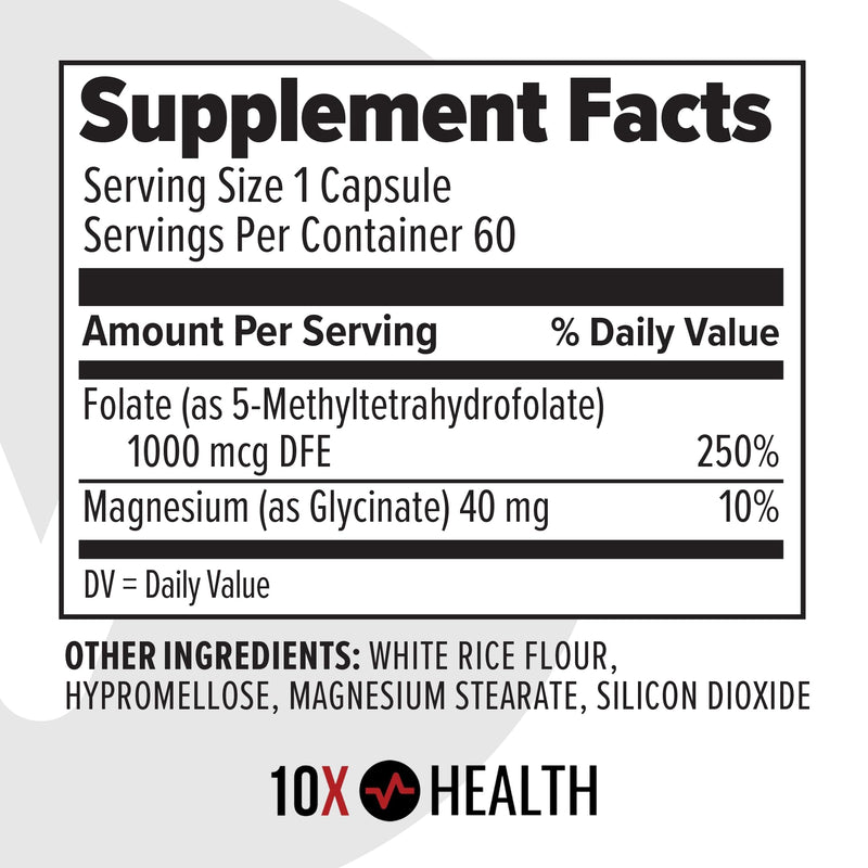 10X Health 5 Mthf - 60 Capsules | L Methylfolate: Methylated Folate & Magnesium, Brain & DNA Support, Bioavailable