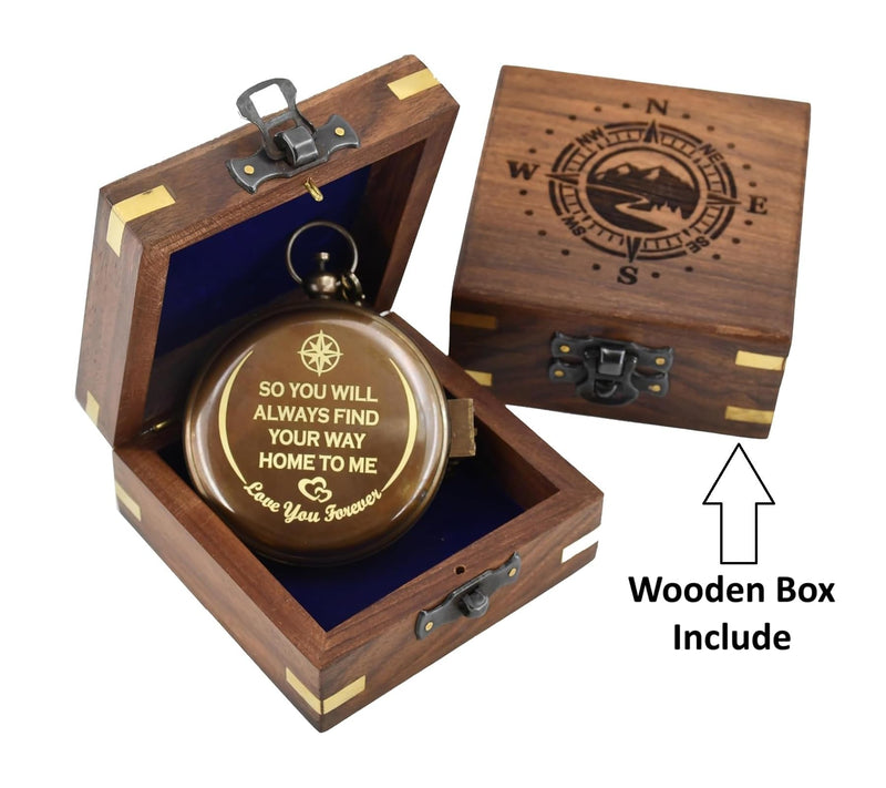 So You Can Always Find Your Way Back to Me - Personalized Sundial Compass with Wooden Box Luxury Gift - Anniversary Sundial Compass - Brass Compass Personalised Gifts for Men