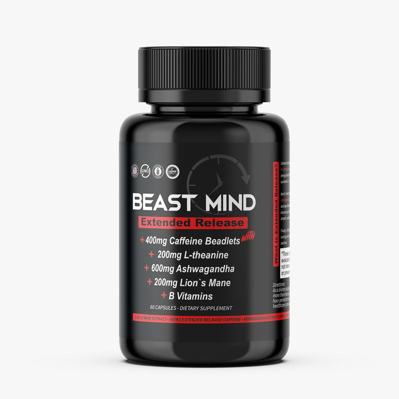 Beast Mind Extended Release Extreme Energy Pills | 400mg XR Caffeine | 600mg Ashwagandha | 200mg Lion's Mane, Increased Energy & Focus, Natural Nootropic Labs